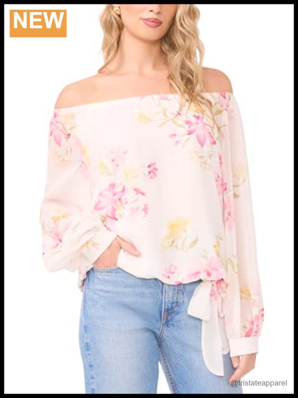 Vince Camuto Floral Off Shoulder Long Sleeve Tie Waist Blouse
